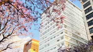 Un immeuble à plusieurs étages doté d’une architecture moderne, avec une entrée imposante et une enseigne bien visible indiquant qu’il s’agit d’un établissement commercial.