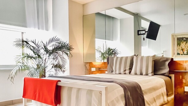 Une chambre à coucher moderne avec un lit, une télévision, une plante et une fenêtre.