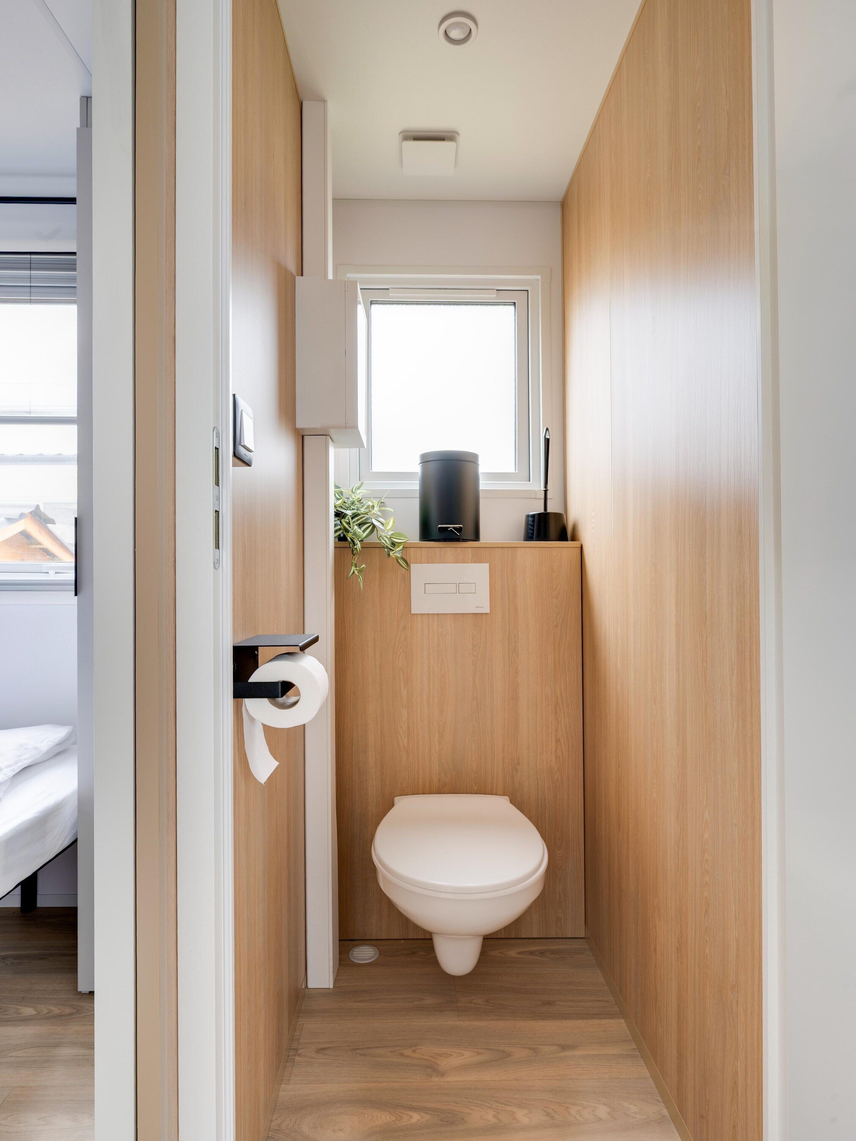 A narrow bathroom with a toilet, a window, and a small shelf with a plant and a black container.