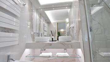 Hair dryer, slippers, towels, soap