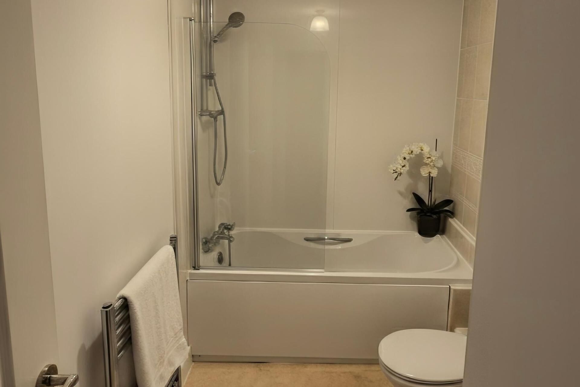 A bathroom with a glass-enclosed shower, a white bathtub, and a toilet.