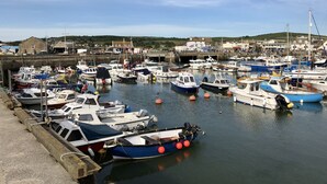 A marina with various boats docked, a stone wall, and buildings in the background. - 1 Rose Cottage - village of Shipton Gorge, Bridport (Bridport)