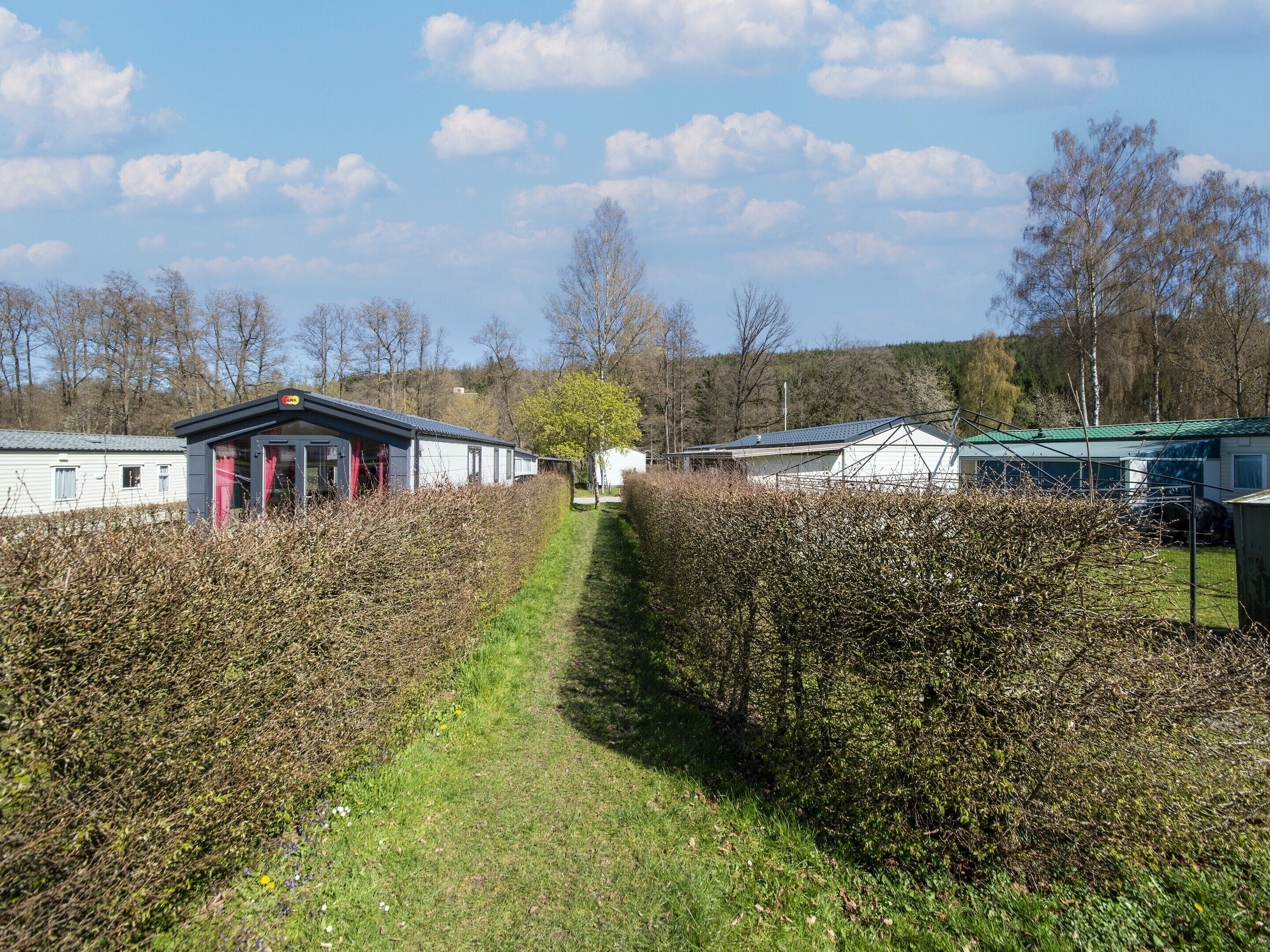 Una fila di case mobili separate da un vialetto, circondate da siepi e alberi.
