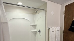 A modern bathroom with a walk-in shower, a wooden door, and a towel rack. - Mushroom Cap Motel (Mesick)