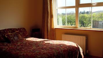 A bedroom with a large bed, a window with a view of greenery, and a radiator.