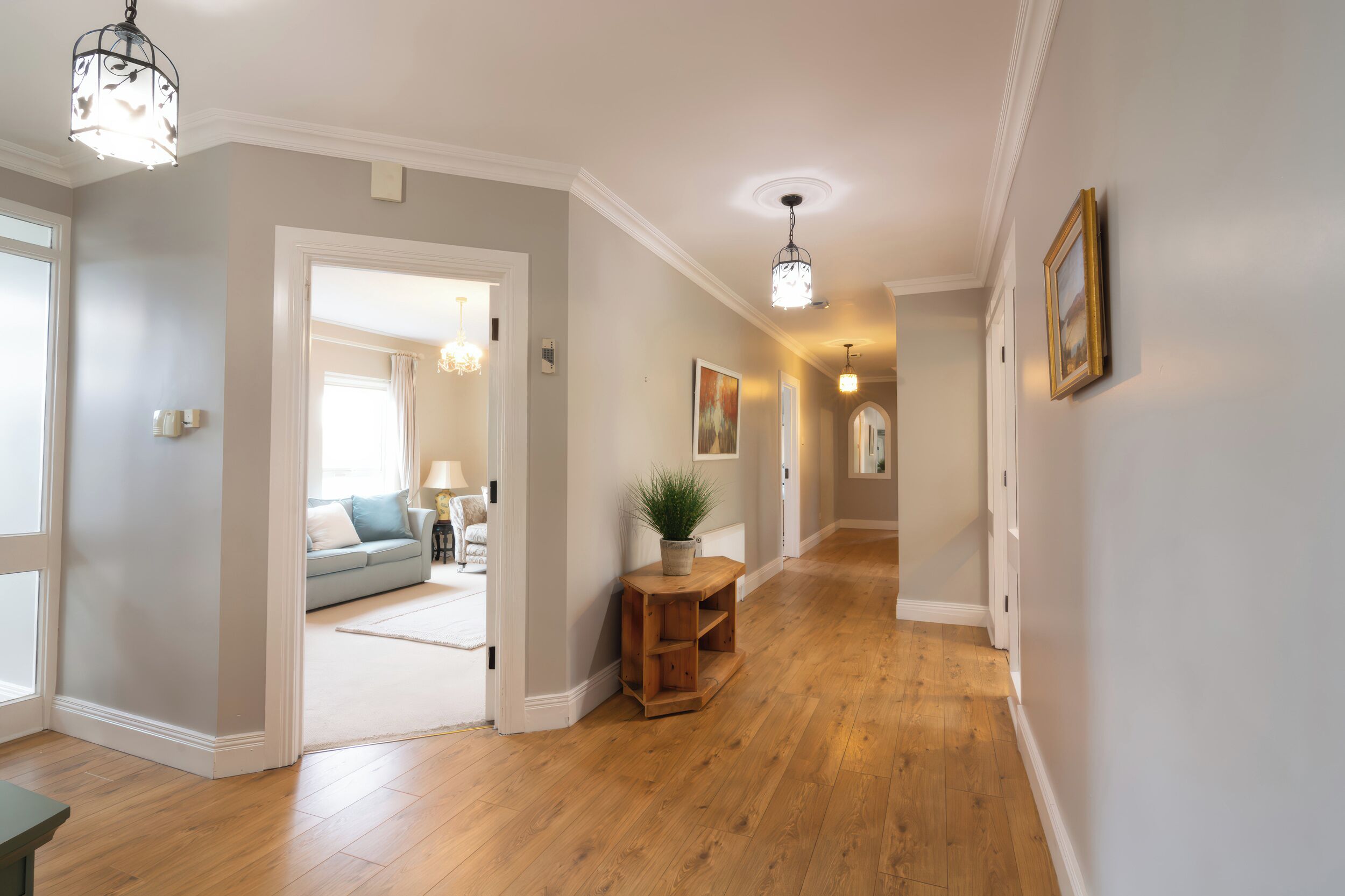 A hallway with wooden flooring, a potted plant, a wooden side table, and a framed picture on the wall.