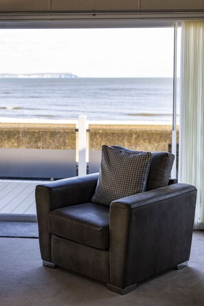 Ein dunkelbraunes Sofa mit einem karierten Kissen in einem Raum mit einem großen Fenster mit Blick auf ein Gewässer und ein entferntes Land.