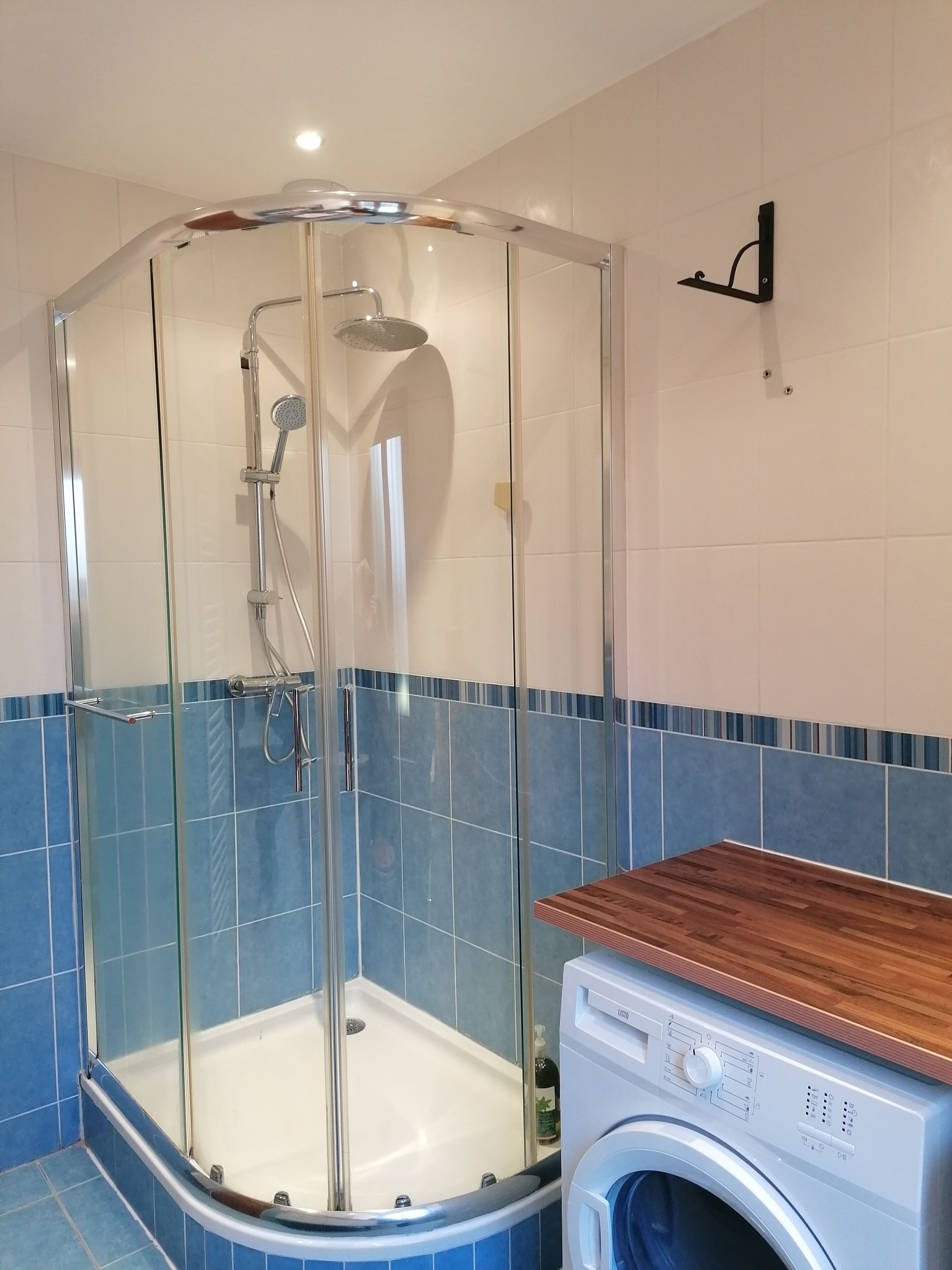 Shower, towels, toilet paper