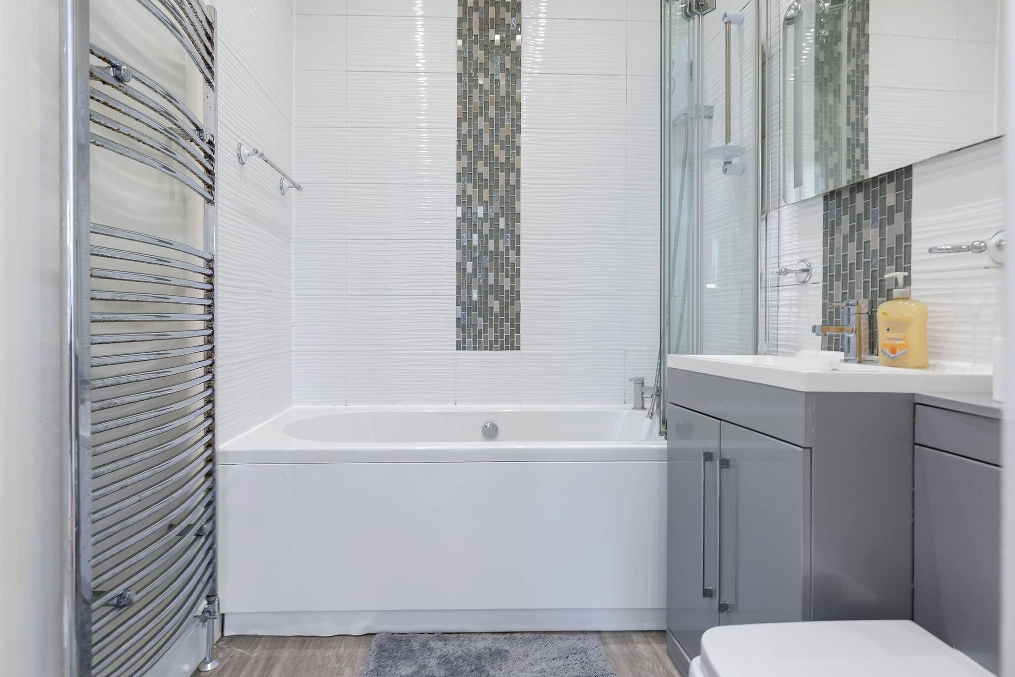 Hair dryer, towels, soap, toilet paper
