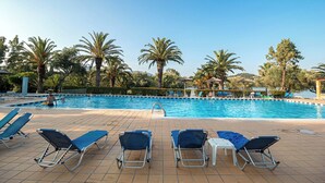 Una piscina amb gandules i palmeres.