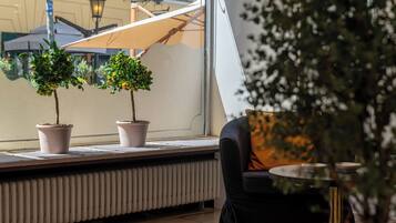 Desk, laptop workspace, blackout curtains, iron/ironing board