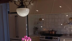 A kitchen with a white countertop, a vase with flowers, a hanging light fixture, and a stove.