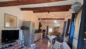 Ein Wohnzimmer mit Sofa, Fernseher und einem farbenfrohen Teppich. Im Hintergrund ist eine Küche mit Essbereich zu sehen.