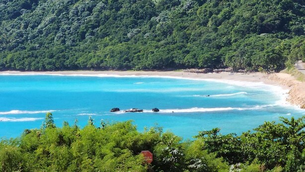 A coastal landscape with dense forested hills, a sandy beach, and clear blue waters.