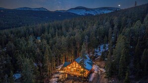 En stuga omgiven av en tät skog, med ett snötäckt berg i bakgrunden.