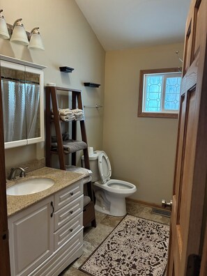 Hair dryer, towels, soap, toilet paper