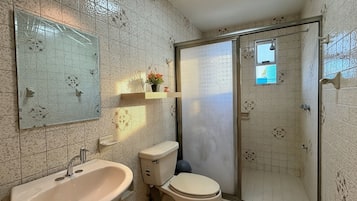 Hair dryer, towels, soap, toilet paper