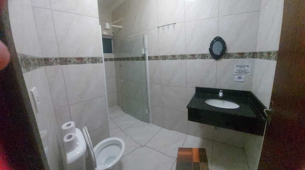Une salle de bain avec des toilettes, une douche et un lavabo.