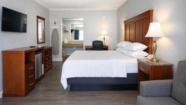 A hotel room with a bed, a desk, a chair, a TV, and a lamp. - Comfort Room, One king Bed, Non-smoking (Nashville)