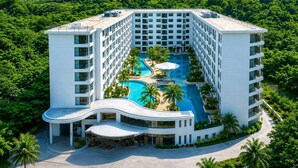 Un hôtel à plusieurs étages doté d’une piscine centrale, entouré d’une végétation luxuriante et de palmiers.