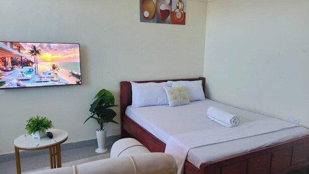 Hotellihuone, jossa on sänky, seinälle asennettu televisio, pieni pöytä, jossa on kasvi, ja tuoli.