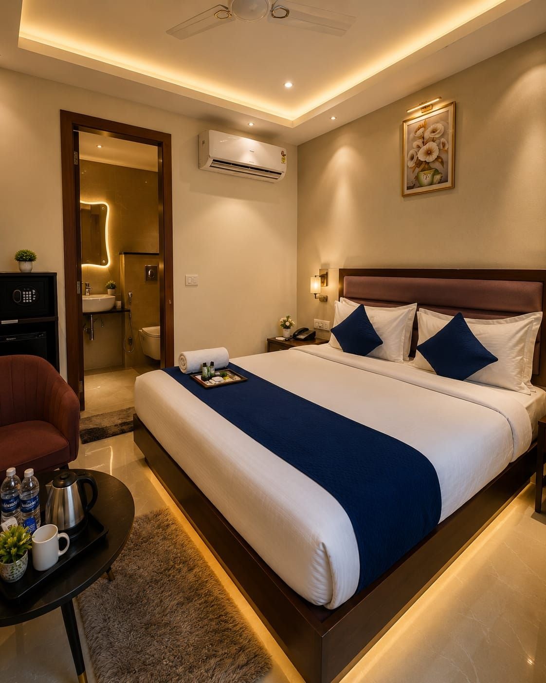 A hotel room with a large bed, bedside table, and a desk with a chair.