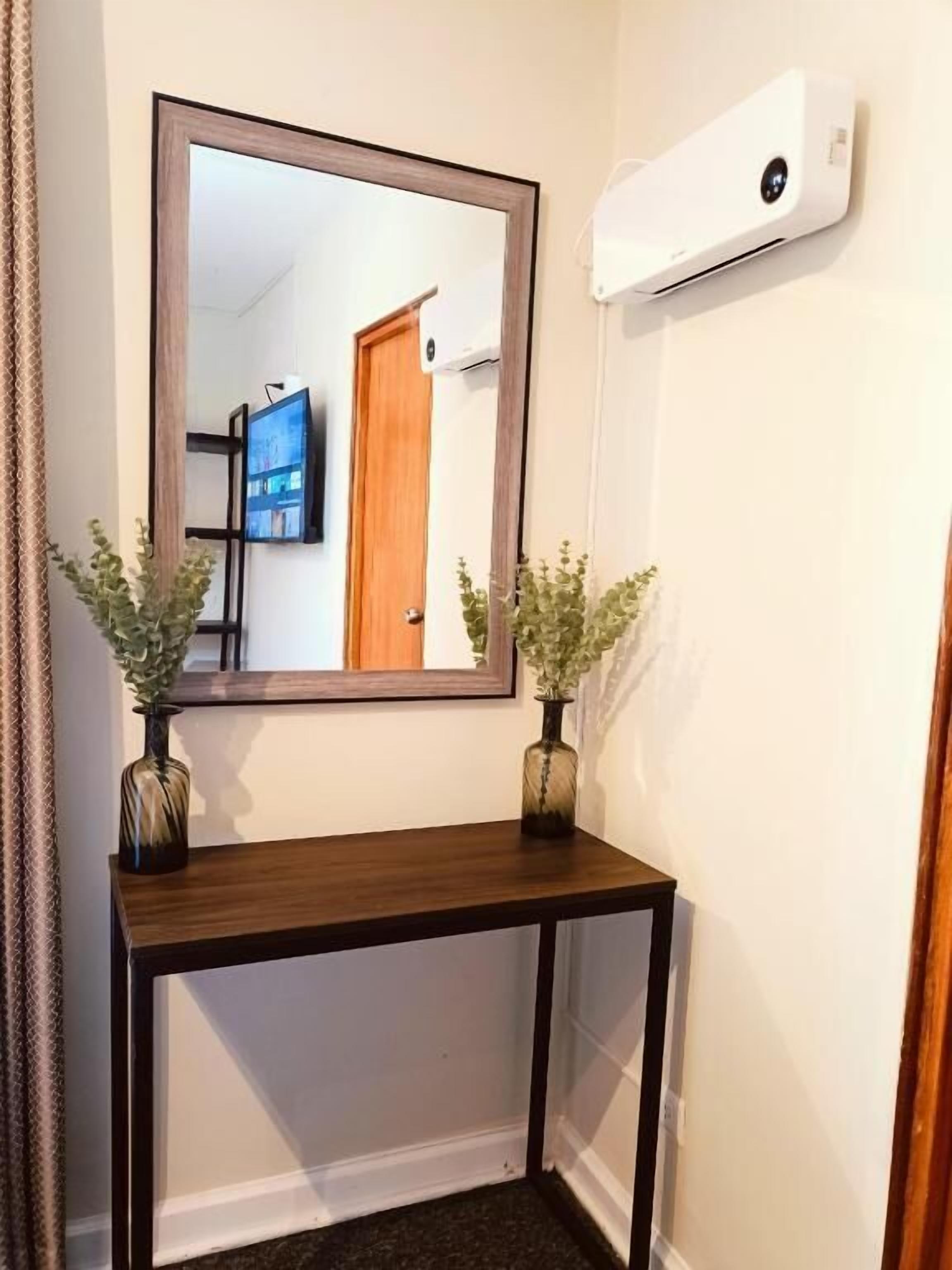 A hallway with a wooden console table, two potted plants, a mirror, and a wall-mounted air conditioning unit.
