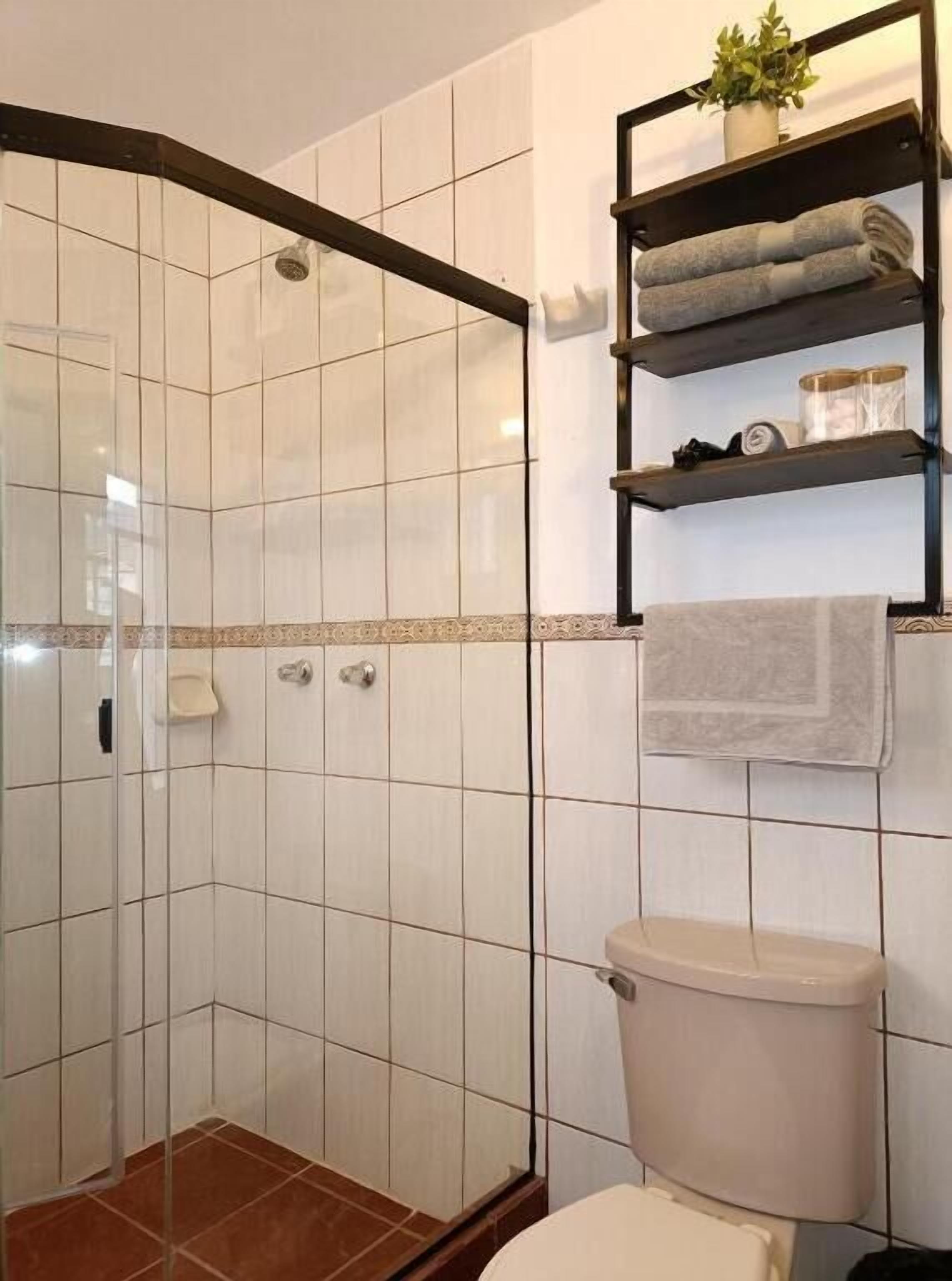 A bathroom with a glass shower enclosure, a toilet, and a shelf with towels and toiletries.