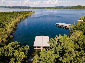 Aerial view - Lakefront Home w/ Private Apartment | Sleeps 12 | Boat Slip Available (Branson West)