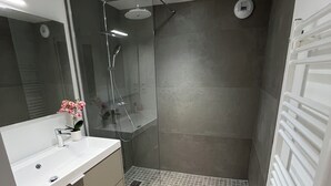 A modern bathroom with a shower, a sink with a mirror, and a radiator. - Apartment Camille Pujol Toulouse (Toulouse)