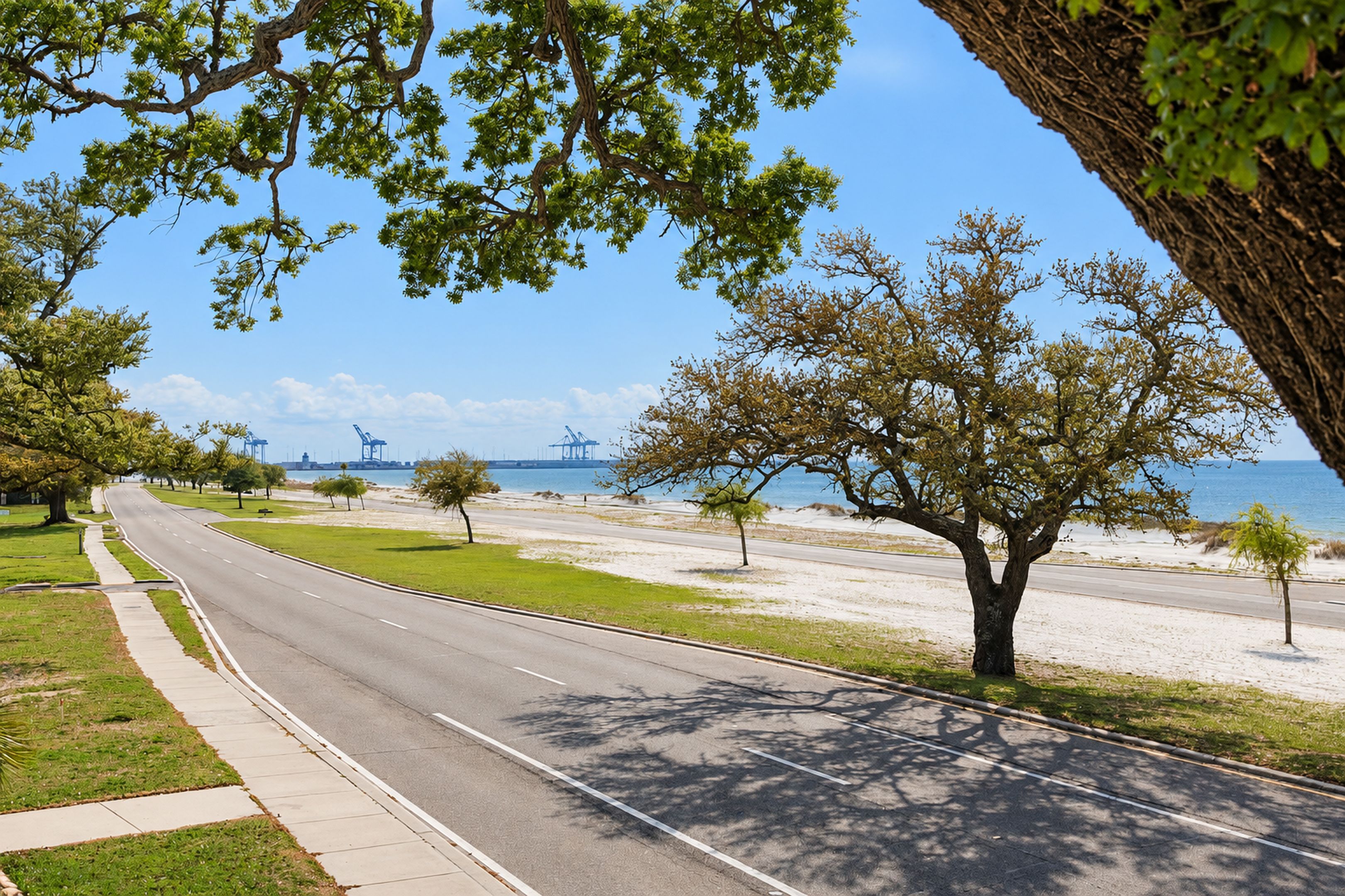 A coastal road with a clear view of the ocean and distant industrial structures.