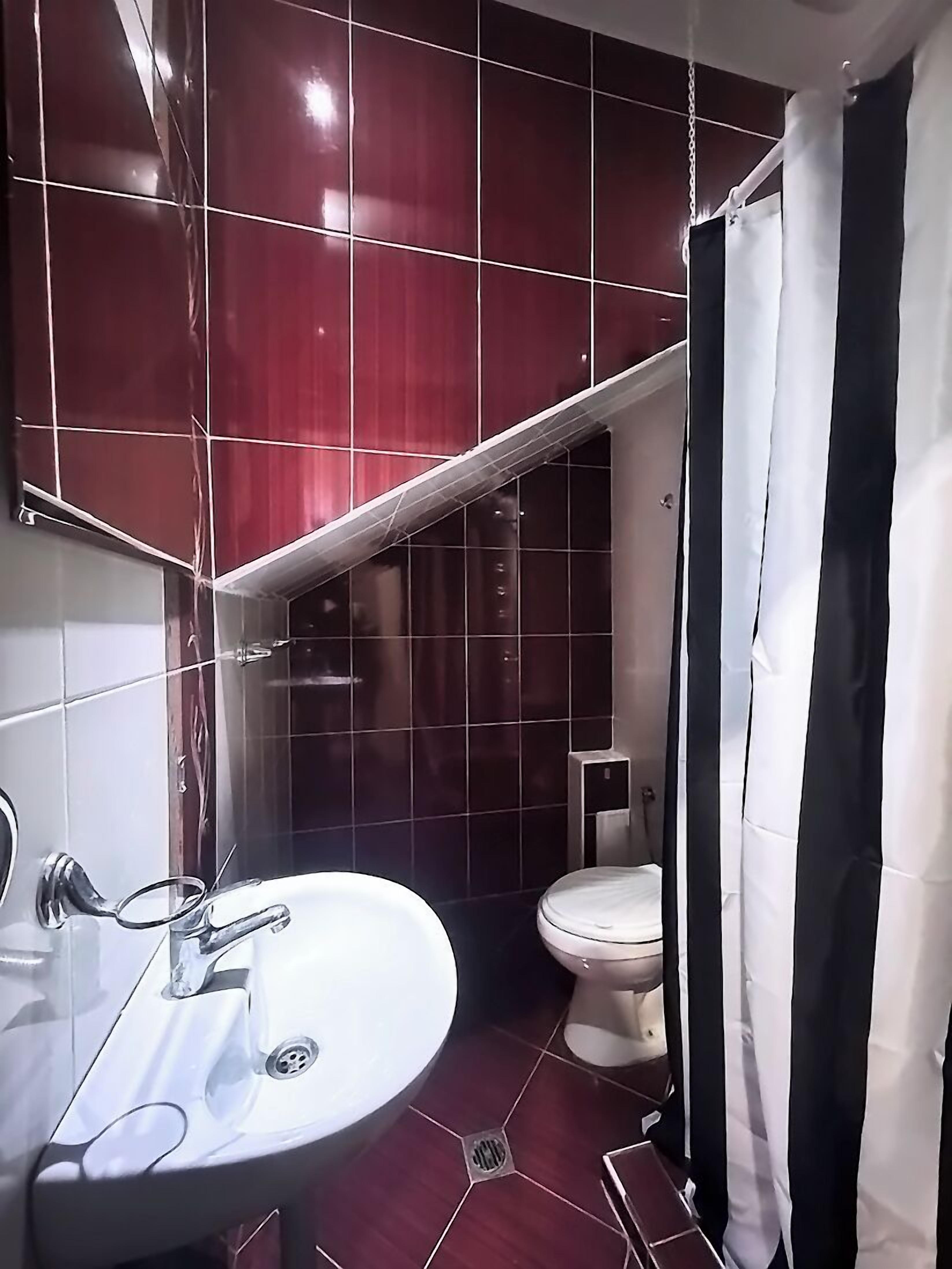 A bathroom with a white sink, a toilet, and a shower curtain.
