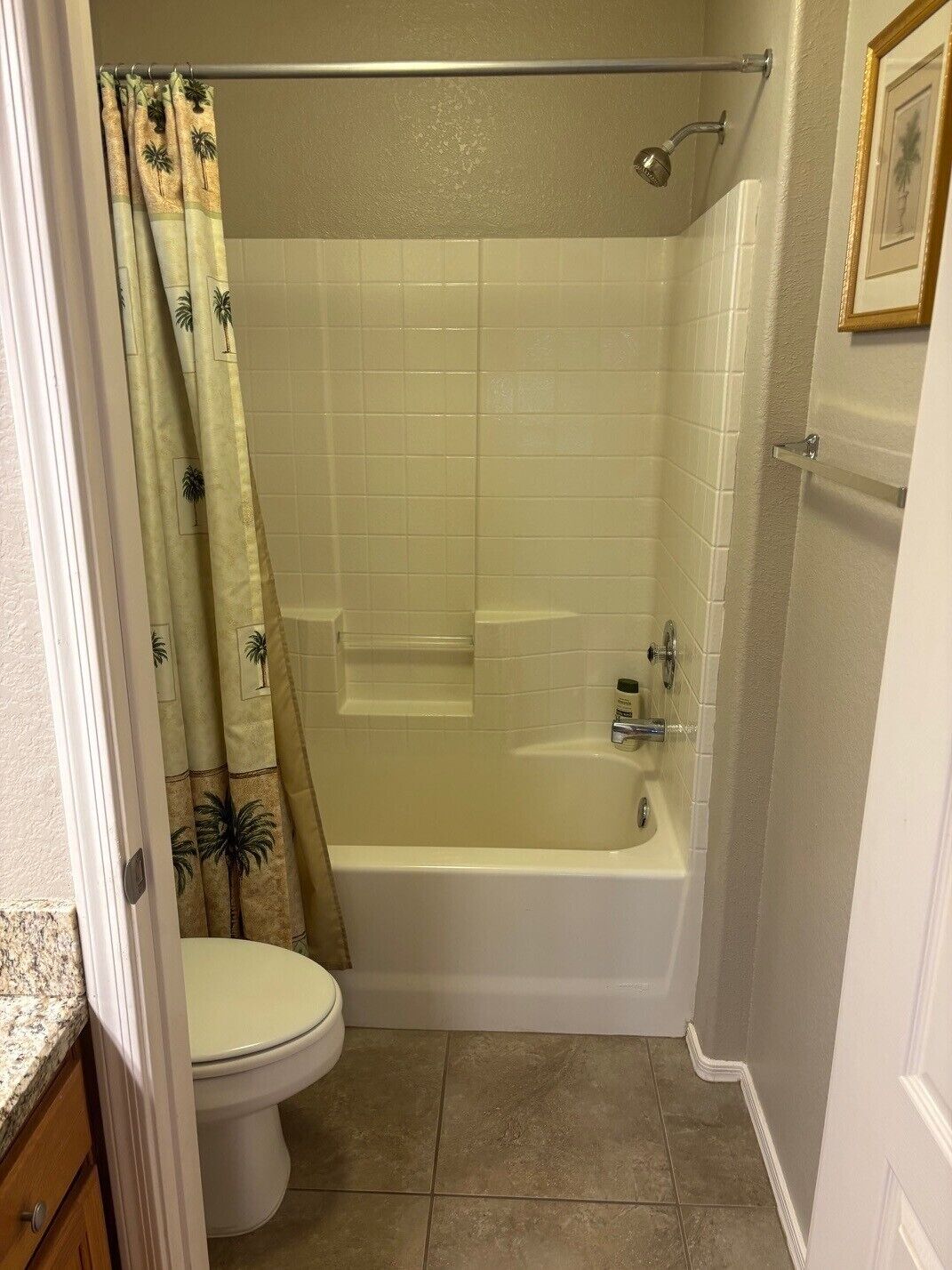A bathroom with a bathtub, toilet, and shower curtain.