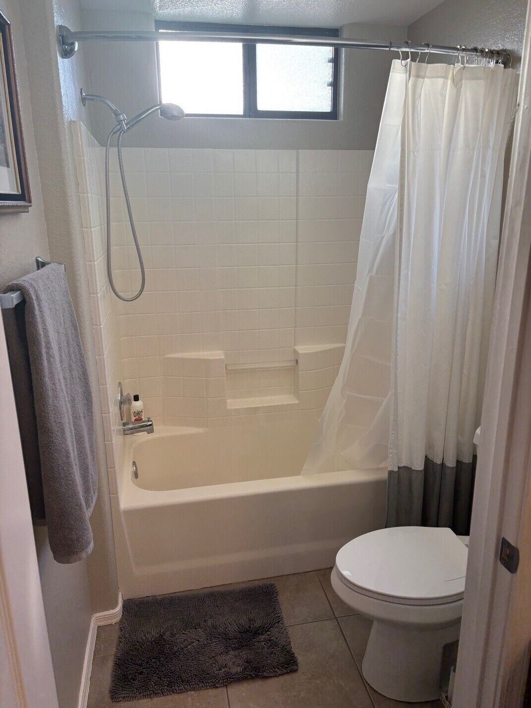 Hair dryer, towels, soap, toilet paper