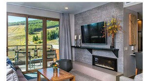 Una sala de estar moderna con chimenea, televisión y vista a un paisaje verde.