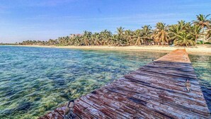A wooden pier extending into a clear blue sea with a beach lined with palm trees. - Beachfront 7BR Villa with Private Pool and Sauna (Tulum)
