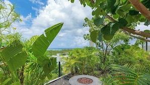 A lush garden with tropical plants, a circular stone feature, and a view of the sea. - Playa Studio | Rooftop Pool & Balcony (Playa del Carmen)