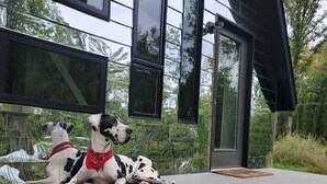 Een modern gebouw met grote ramen en een houten terras.