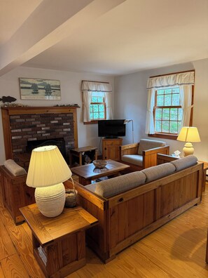 TV, fireplace - serene wooded 3-bedroom house West Tisbury deck, screen porch and outdoor shower (West Tisbury)