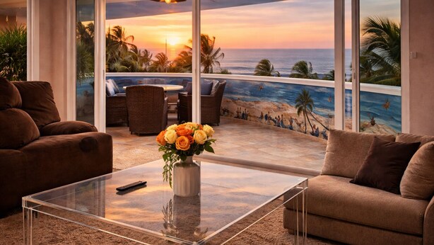 A room with a glass coffee table, brown sofas, a vase of flowers, and a view of the ocean at sunset. - Cartagena Beach Front
You will be Living the life on the beach (Cartagena)