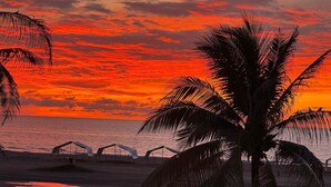 A beach scene with palm trees and a sunset. - Cartagena Beach Front
You will be Living the life on the beach (Cartagena)