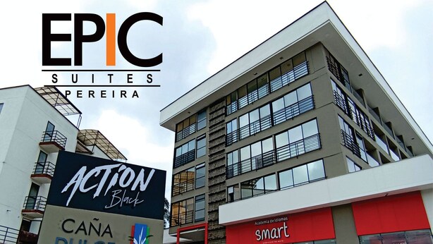 A building with a sign for EPIC Suites and a nearby Action Black store. - Epic Suite 313 Family Airport 3Room10Pax (Pereira)