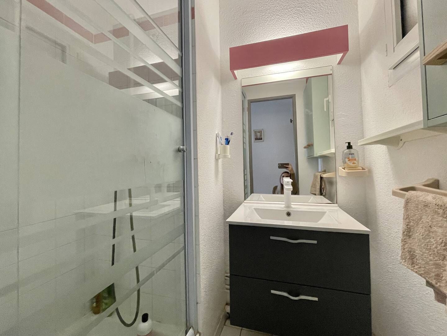 Une salle de bain avec une douche à parois de verre, un lavabo blanc, un miroir et un meuble noir avec des tiroirs.