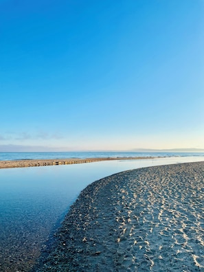 Ein Strand mit blauem Himmel und ruhigem Wasser.
