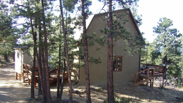 Una cabaña rústica con suelo de tierra, rodeada de pinos y una terraza de madera.