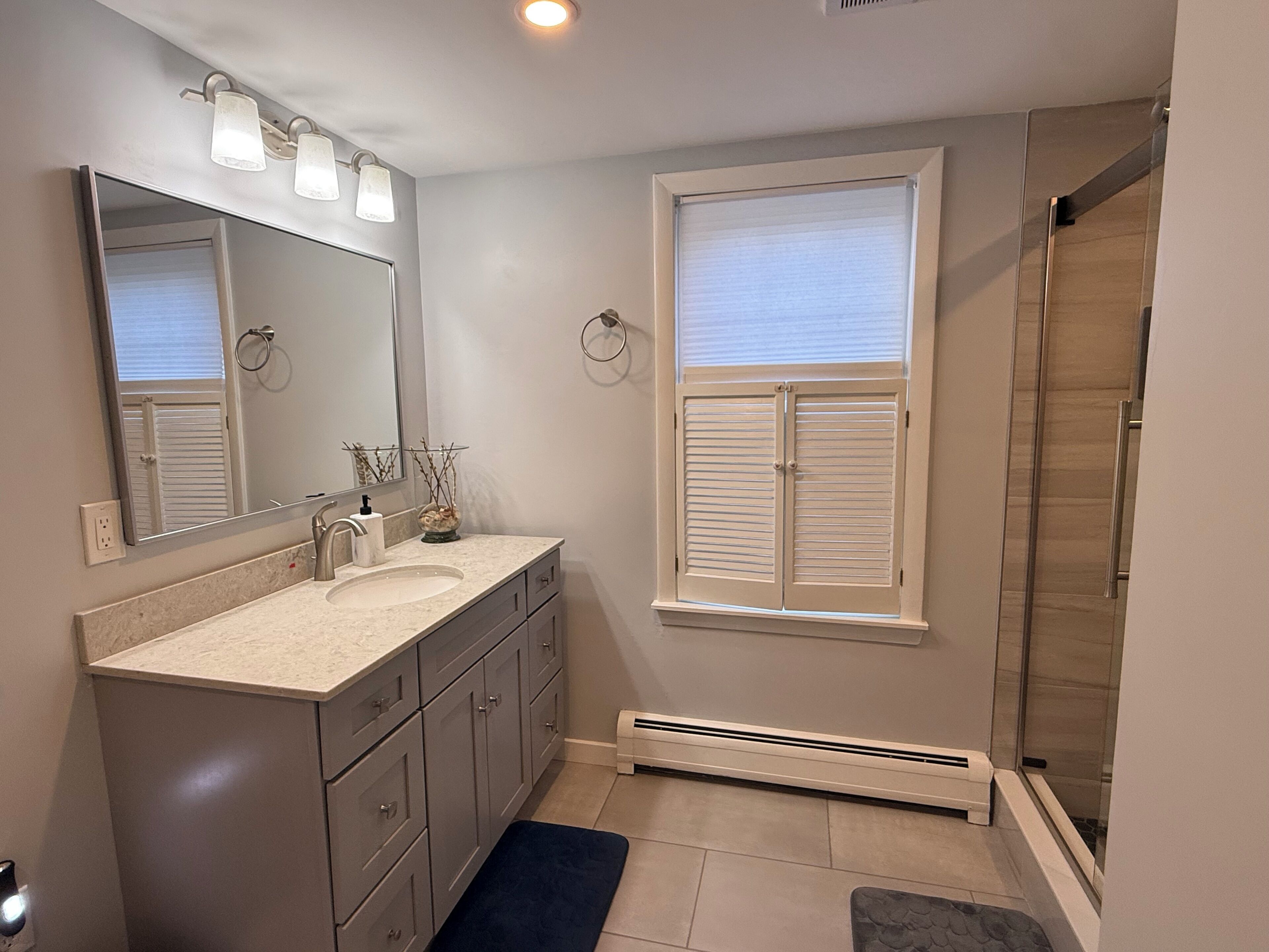 Shower, towels, soap, toilet paper