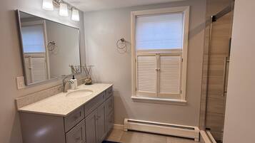 Shower, towels, soap, toilet paper