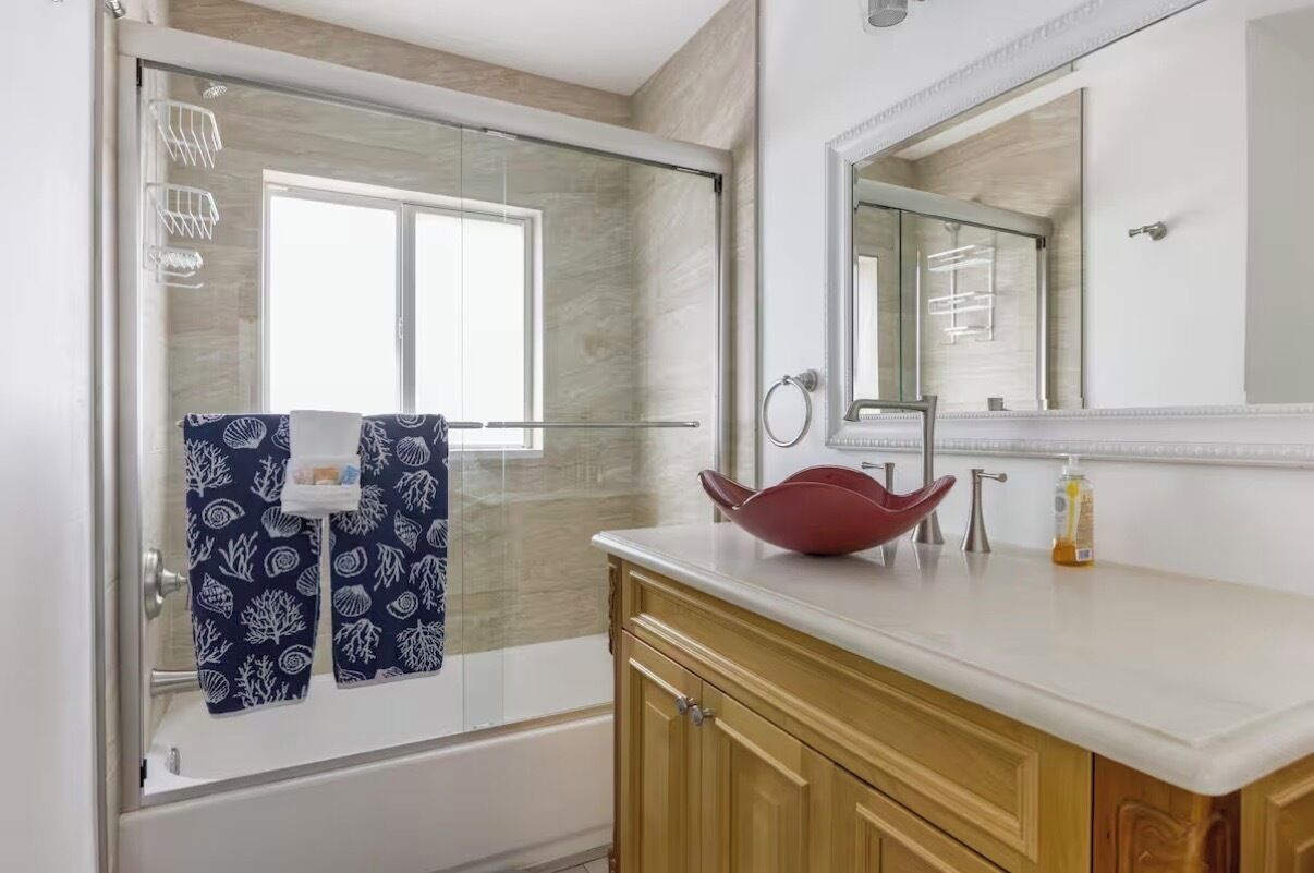 Hair dryer, towels, soap, toilet paper