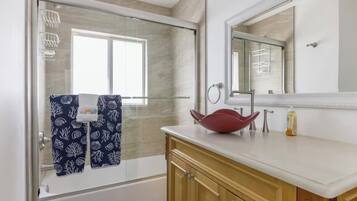 Hair dryer, towels, soap, toilet paper
