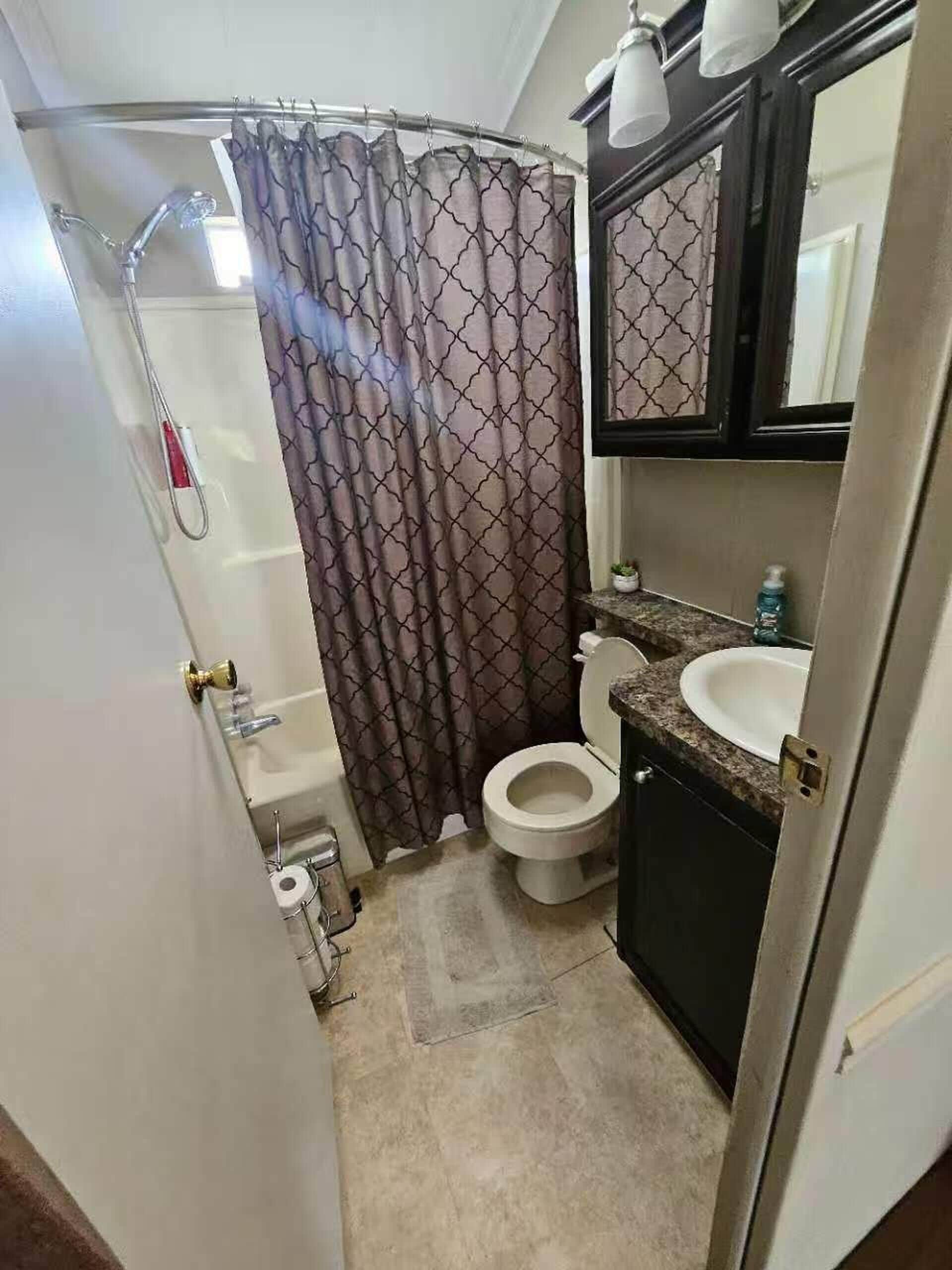 A bathroom with a shower, toilet, sink, and a mirror.